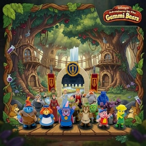 May include: A colorful illustration featuring characters from Disney's Adventures of the Gummi Bears. The scene includes a forest backdrop with tree houses, a castle-like structure, and various Gummi Bear figurines in vibrant colors.