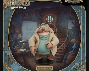 Może przedstawiać: Figurka Monterey Jacka z Chip i Dale: Brygada RR. Figurka ma na sobie jasnobrązowy płaszcz, jasnoniebieski sweter i brązowe spodnie. Tło to szczegółowa ilustracja pokoju z napisem "Monterey Rescue Ranger".