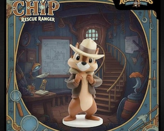 Może przedstawiać: Figurka Chipa z Rescue Rangers stoi w szczegółowej, kreskówkowej scenerii wnętrza. Figurka ma na sobie kapelusz i kurtkę. Obraz zawiera tekst "Chip Rescue Ranger" i logo Disneya.