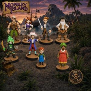 May include: A collection of seven Monkey Island character figurines standing on circular bases. The set includes figures of a pirate with an eyepatch, a woman in a purple vest, a man with a sword, a bearded pirate, a green ghost pirate, a captain, and a child.