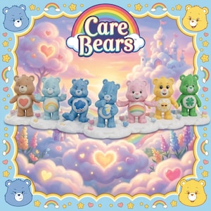 May include: A collection of seven Care Bears figurines standing on a white cloud base. The bears are brown, light blue, dark blue, medium blue, pink, yellow, and green, each with a unique belly badge. The background features a castle and rainbow.