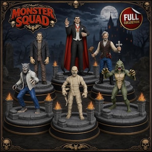 May include: A collection of five Monster Squad action figures standing on circular stone-textured bases with small flame accents. The set includes a vampire, a mummy, a werewolf, a creature, and a human figure, all displayed against a dark castle background.