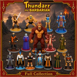 May include: A collection of fourteen Thundarr the Barbarian action figures arranged in three rows. The figures include various humanoids, creatures, and warriors with distinct outfits, weapons, and colored circular bases, set against a volcanic background.