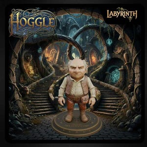 May include: A figurine of Hoggle from the movie Labyrinth stands on a circular platform. He wears a tan vest, white shirt, and brown pants. The background depicts a detailed fantasy scene with stairs and archways.