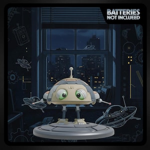 May include: A whimsical, cartoon-style robot toy with large green eyes, standing on a gray platform. The robot has a beige face and a gray body with a small antenna. The background features a city skyline and the text "BATTERIES NOT INCLUDED".