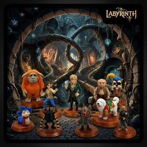 May include: A collection of Labyrinth character figurines, including Jareth, Hoggle, and Sir Didymus, displayed on individual bronze-colored bases. The background features a detailed, fantasy-themed environment with archways and glowing accents. The Labyrinth logo is in the top right corner.
