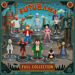 May include: A collection of nine Futurama character figurines standing on circular bases. The set includes Dr. Zoidberg, Fry, Bender, Leela, Amy, Professor Farnsworth, a female Zoidberg, Hermes, and Nibbler, all displayed against a futuristic city backdrop.