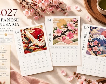 Printable 2027 Calendar Year, Wall & Desk Calendars, Japanese Kinusaiga-inspired Art Design, 12 Month Digital Download