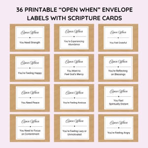 36 etiquetas imprimibles para sobres con la frase "Abrir cuando" y tarjetas con las Escrituras, papeles digitales, tarjetas con etiquetas basadas en la fe, descargas digitales, regalos cristianos