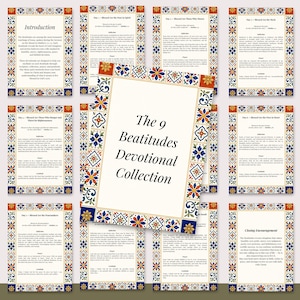 Puede incluir: Un conjunto de nueve páginas devocionales con un borde decorativo con patrones florales azules, naranjas y amarillos. La página central muestra el título "The 9 Beatitudes Devotional Collection". Cada página contiene texto.