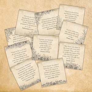 36 cartões de versículos bíblicos para imprimir em formato de diário de lixo para mulheres, downloads digitais de cartões de escritura em estilo vintage, diário de oração com itens efêmeros para scrapbook