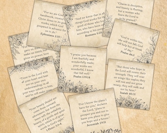 36 Printable Junk Journal Bible Verse Cards for Women, Vintage Style Scripture Cards Digital Downloads, Scrapbook Ephemera Prayer Journal