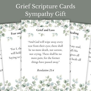 Peut inclure: Un ensemble de cartes rectangulaires avec une bordure de feuilles d'eucalyptus vertes en haut et en bas. Les cartes présentent du texte noir avec des titres comme Grief and Loss, Fear and Waiting, Healing et Illness and Pain, avec des versets.