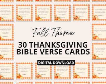 30 cartes de versets bibliques sur le thème de la gratitude et de Thanksgiving, à imprimer instantanément (textes d'automne et de récolte). Téléchargement instantané.