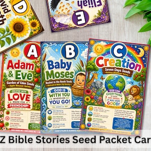 Peut inclure: Cartes de paquets de graines A-Z Bible Stories colorées. Les cartes présentent des illustrations d'Adam et Ève, de Bébé Moïse et de la Création. Les cartes ont le texte "Made for Friendship!" et "God is with you wherever you go!"