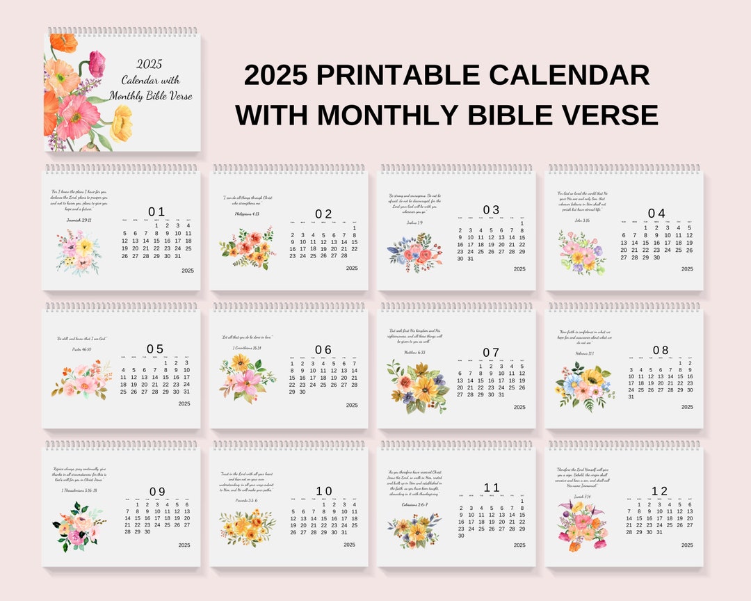 2025 Printable Monthly Calendar With Bible Verse and Watercolor Flower ...