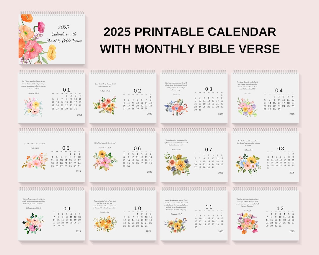 2025 Printable Monthly Calendar With Bible Verse and Watercolor Flower Arrangement Design, Desk Calendar, Wall Calendar, Digital Downloads - Etsy
