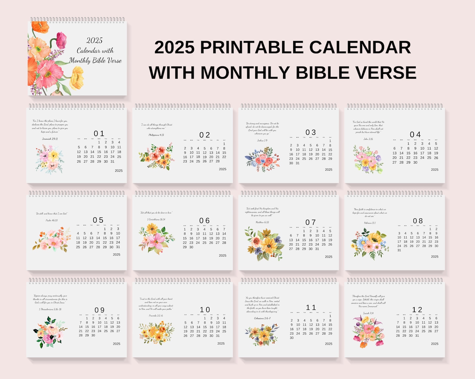 2025 Printable Monthly Calendar With Bible Verse and Watercolor Flower Arrangement Design, Desk