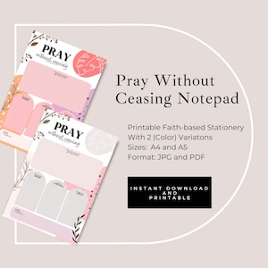 May include: Two notepads with the text "PRAY without ceasing" are displayed. The notepads have a pink and peach color scheme with floral accents. The text "Pray Without Ceasing Notepad" is also visible.
