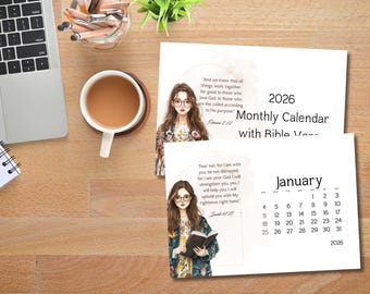Calendrier mensuel 2026 imprimable verset de la Bible avec aquarelle fille Cottagecore pour femme