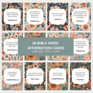 Tarjetas imprimibles de 36 versículos bíblicos con frases inspiradoras y fondos florales bohemios. Tarjetas inspiradoras inspiradas en las Sagradas Escrituras. Tarjetas de afirmaciones cristianas.