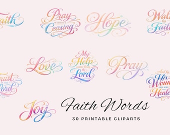 30 cliparts de mots de foi, autocollants de typographie chrétienne, lettrage de citation de la Bible pour agendas et produits numériques