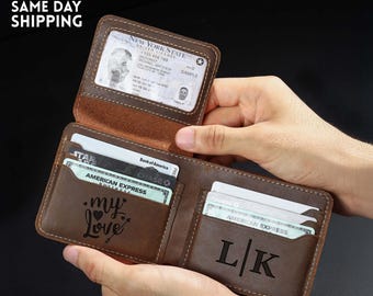 Portefeuille en cuir personnalisé, portefeuille en cuir véritable gravé, cadeau d'anniversaire pour lui, mari, petit ami, homme, père