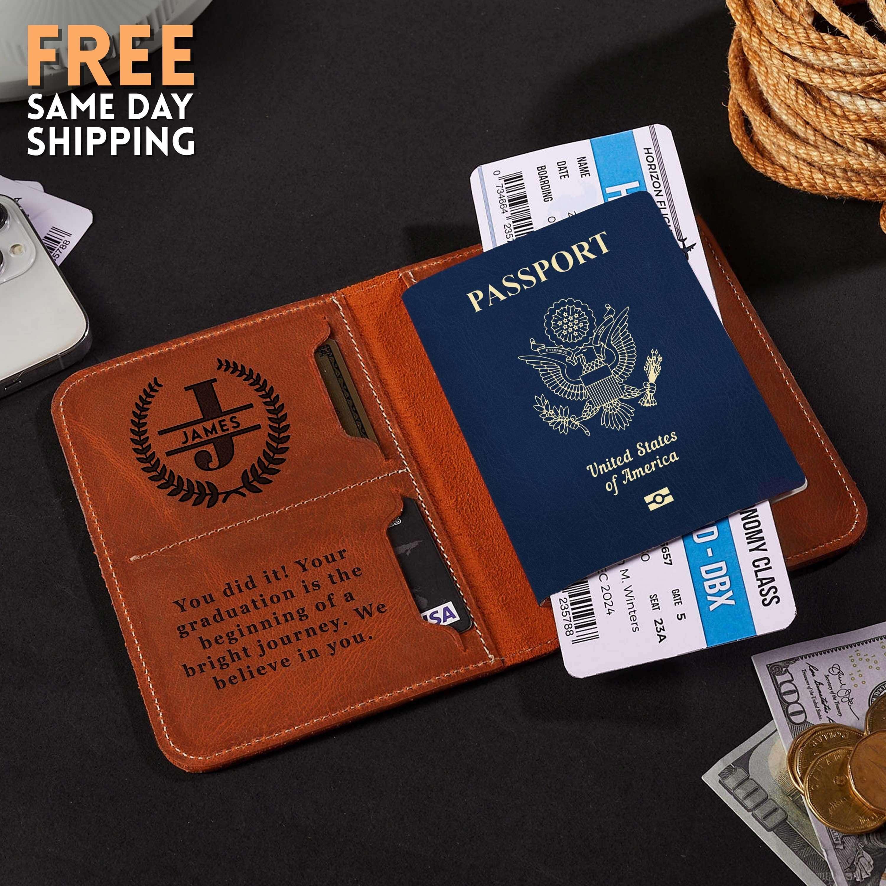 Personalized Leather Passport Holder: RFID Travel Wallet, Custom Engraved Gift for Dad, Husband, Traveler Gift for Him/Her