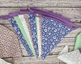 Spring Fabric Bunting, Floral Pennant Banner, Blue Flower & Lavender Bunting, Baby's Breath Decor, Spring Garland