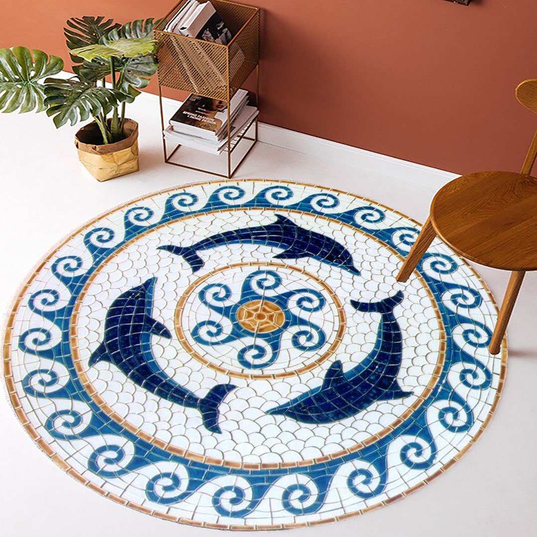 Dolphin Mosaic Round Rug: Tile Art Polyester Area Rug - Etsy