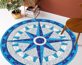 Mosaik Kompass Runder Teppich, Boho Tile Art Decor