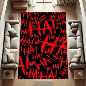 Tapete Joker Laughterg, Ha Ha Ha, Tapete Joker, Tapete temático Laugh, Tapete escrito Haha, Tapete vermelho, Tapete de quarto infantil, Tapete de sala de estar, Tapete de design, Presente para filho