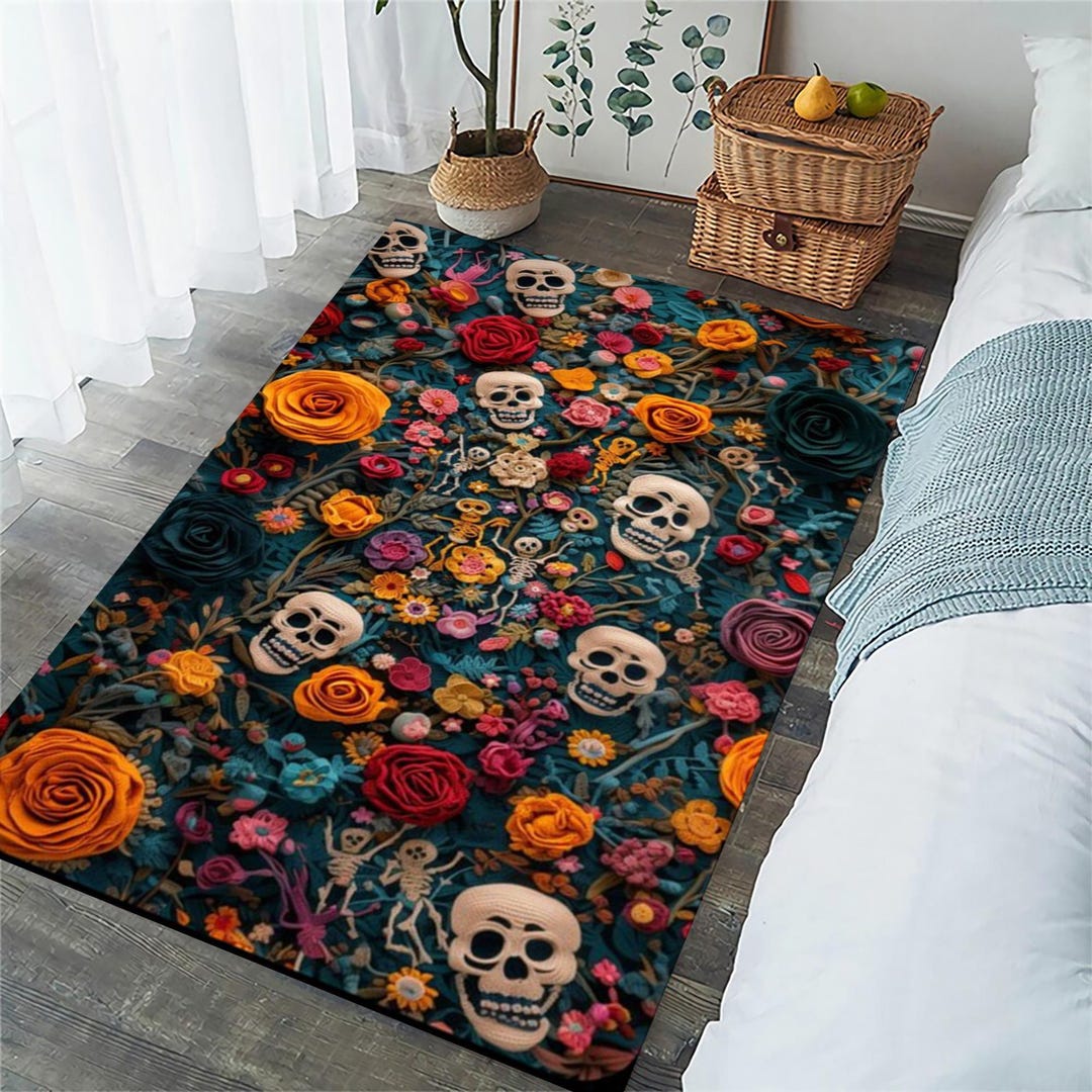 Skeleton Welcome Rug Skeleton Head, Floral Rug, Skeleton Themed Rug, Roses Rug, Creative ...