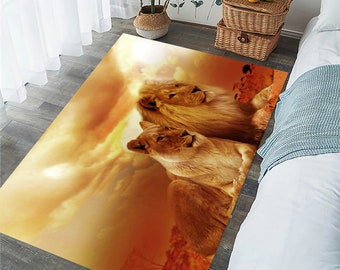 Alfombra de león, alfombra con estampado de león, alfombra con dos leones, alfombra amarilla, alfombra para sala de estar, alfombra para dormitorio, alfombra decorativa, alfombra de animales, regalo para él