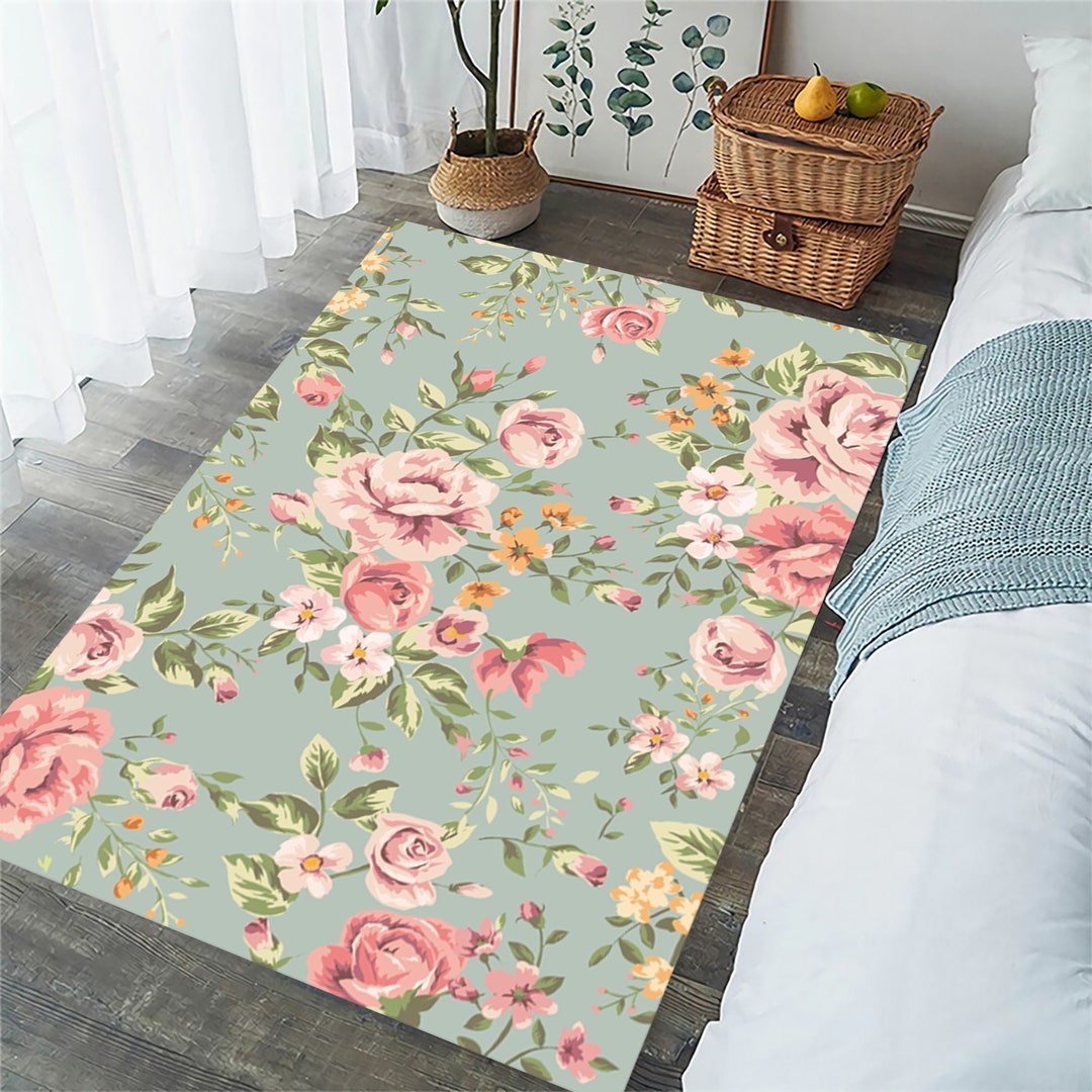 Floral Rectangular Rug Floral Area Rug: Pink & Blue Flowers, Polyester Rug - Etsy