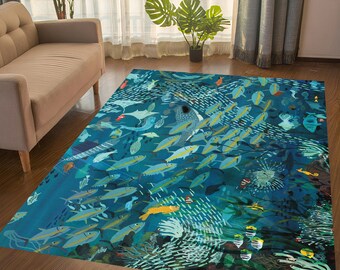 Alfombra azul con estampado marino y oceánico