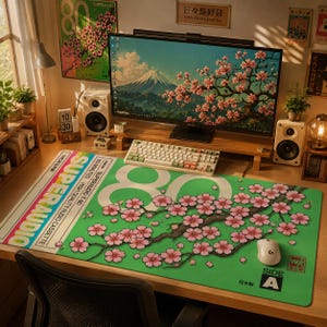 Può includere: Un'impostazione da scrivania con un tappetino per mouse verde con un design a cassetta e rami di fiori di ciliegio. Il tappetino per mouse riporta la scritta "SUPERAUDIO 80" e "SIDE A". Sono visibili anche un monitor del computer, una tastiera, altoparlanti e altri accessori da scrivania.
