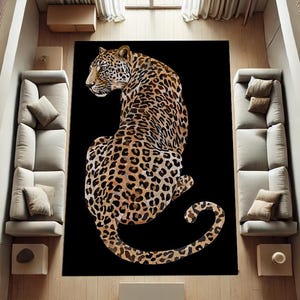 May include: A black and brown leopard print rug with a black background. The leopard is curled up in a sitting position with its tail curled around its body.