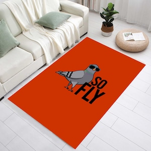 Alfombra con estampado de palomas, "So Fly Written Cool Pigeon", alfombra motivadora, alfombra naranja, regalo para él, ideas de regalo, alfombra retro, regalo para él