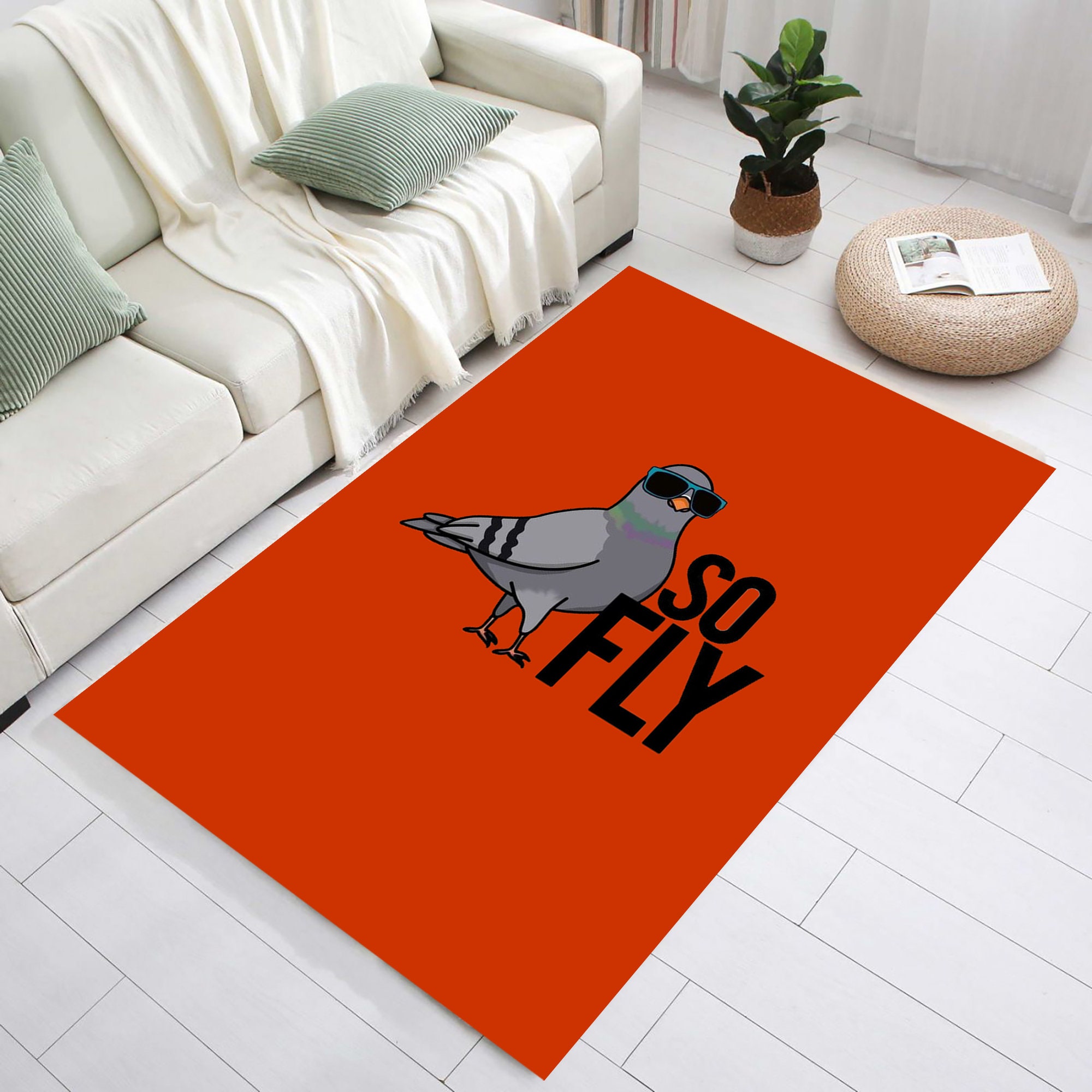 Pigeon Pattern Rug,So Fly Written Cool Pigeon Rug,Motivation Rug,Orange Rug,Gift For Him,Gift ideas,Retro Rug,Gift For Him