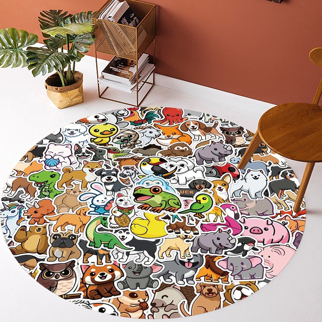 Careative Animals Rug,cartoon Characters, Kids Room Rug,round Rug,play ...