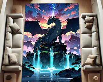 May include: A black dragon with wings spread wide sits on a rock formation with a waterfall cascading down. The background is a vibrant sunset sky with stars and a bright light beam. The text "MYEN" is at the bottom of the image.