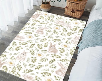 Rabbit Pattern Baby Room Rug: Floral Kids Playmat
