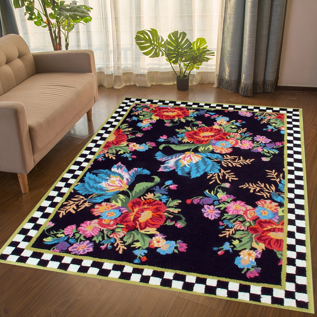 Checkered Floral Patterned Modern, Retro Home Decor Rug - Etsy