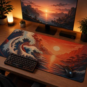 Puede incluir: Alfombrilla de ratón rectangular con un diseño de paisaje japonés, que presenta una gran ola y una puesta de sol. Los colores dominantes son el rojo, el azul y el blanco. Un teclado y un ratón negros son visibles en el escritorio de madera.