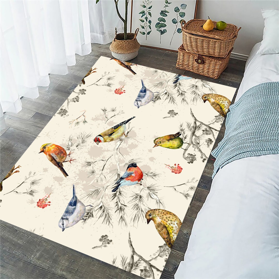 Bird Rug,birds Pattern Rug,white Rug,miz Color Ruh,soft Color Birds Rug