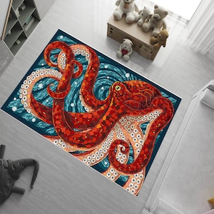 Octopus Rug, Creative Octopus, Under The Sea, Ocean Rug,Animal Rug,Sea Rug,Blue Rug,Marine Life,Rugs For Living Room,Home Decor,Orange rug