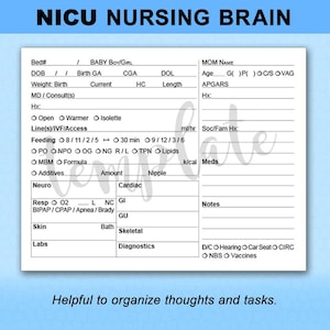 NICU Nursing Brain Template, Neonatal Intensive Care report sheet, 4 Patients, Dayshift, Nightshift, Digital PDF