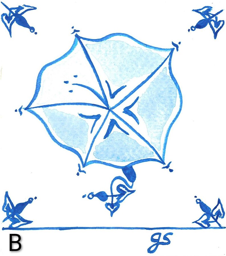K&ouml;nnte beinhalten: Quadratische Fliese im Aquarellstil mit einem zentralen, hellblauen, f&uuml;nfeckigen Blumendesign. Das Design ist in Dunkelblau umrandet, mit zus&auml;tzlichen dunkelblauen Blumen- und Vogelmotiven in jeder Ecke. Der Buchstabe "B" und die Initialen "gs" befinden sich in den unteren Ecken.