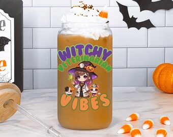 Witchy Veterinarian Halloween Sipper Glass, 16oz, Fall Iced  Coffee Glass, Halloween Gifts for her, Glass Tumbler Beer Can, Libbey Glass